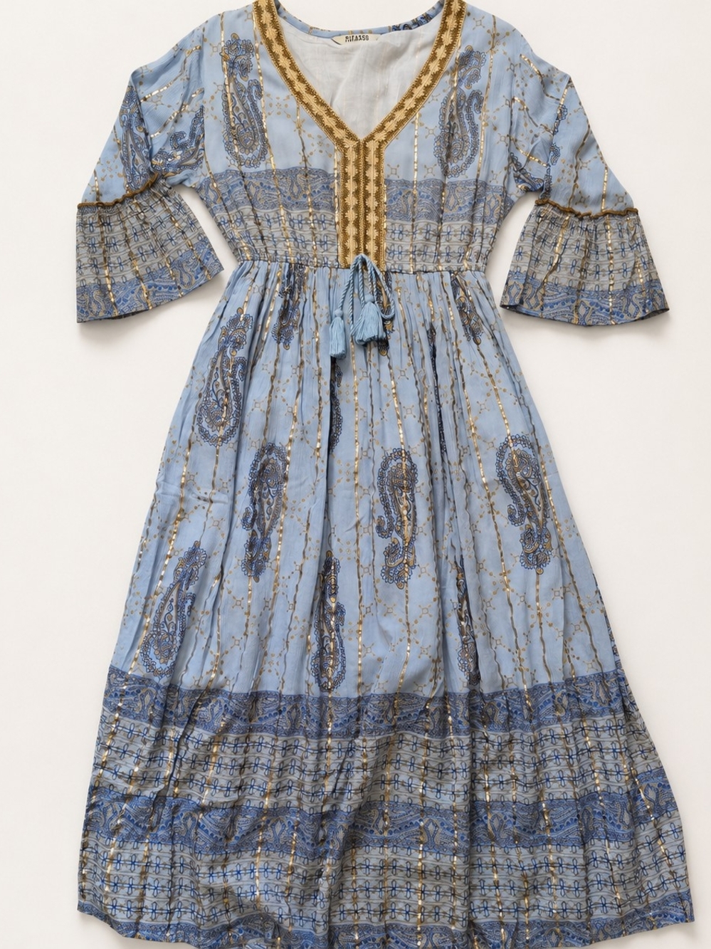 Boho Midi Dress in Light Blue with Gold Trim